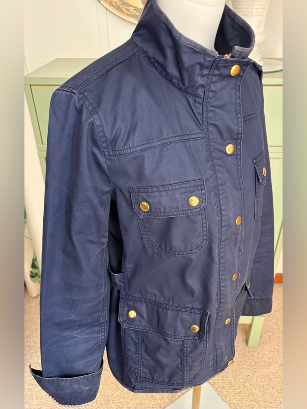 J Crew Navy Blue Utility/Field Jacket in Waxed Cotton w Distinctive Gold Snaps M - Picture 7 of 15